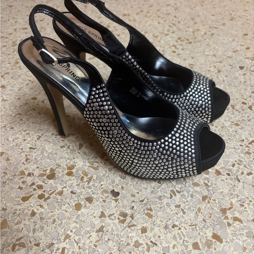 Call It Spring Black and Silver Slingback Heels